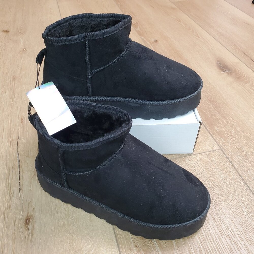 Womens Suede Faux Fur Fuzzy Ankle Booties Black Sz 8 NEW Mini Platform Winter